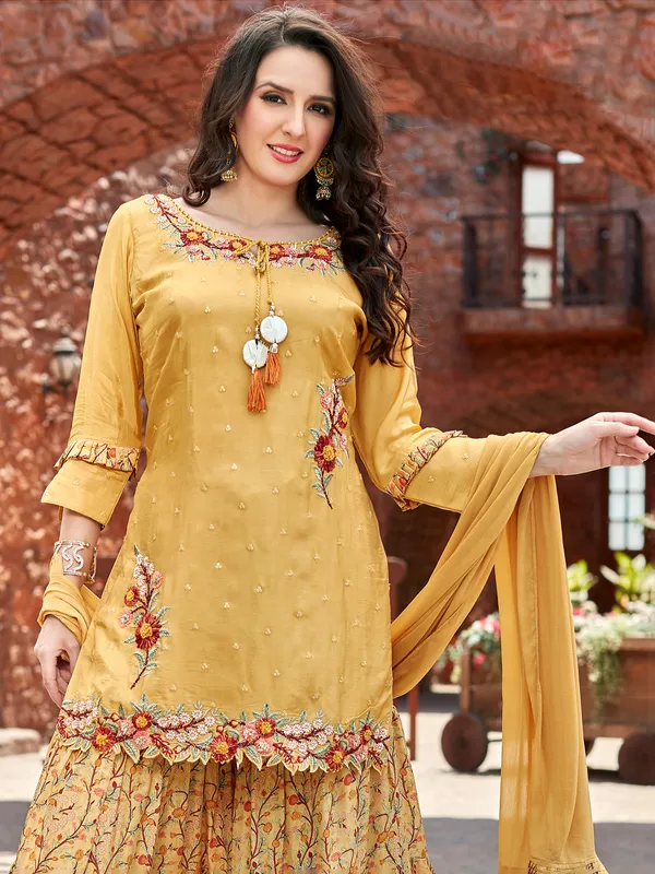 Yellow silk sharara suit with dupatta