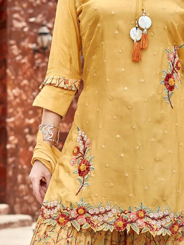 Yellow silk sharara suit with dupatta