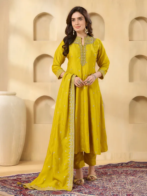 Yellow silk stand collar haldi wear salwar suit