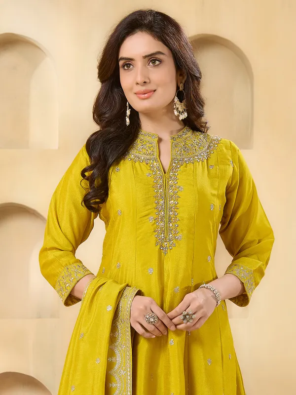 Yellow silk stand collar haldi wear salwar suit