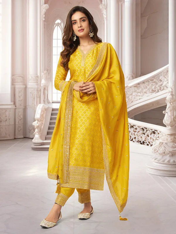 Yellow silk straight cut salwar suit