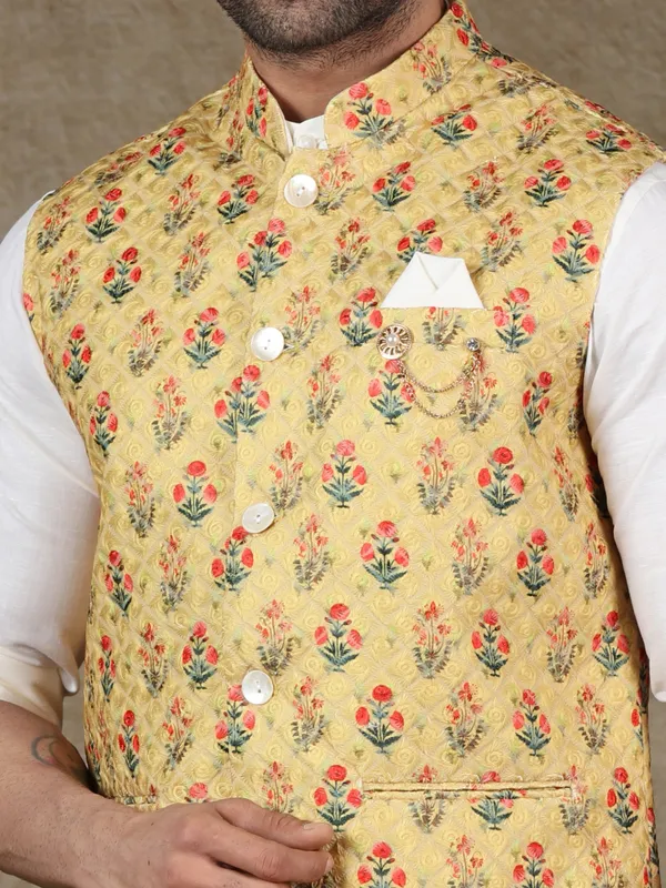 Yellow silk waistcoat for men in printed