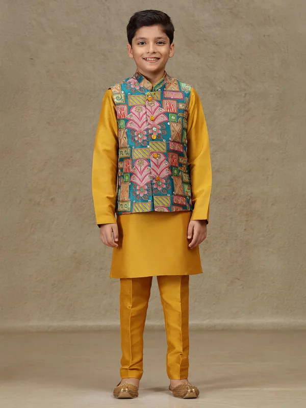 Yellow silk waistcoat set with print for boys