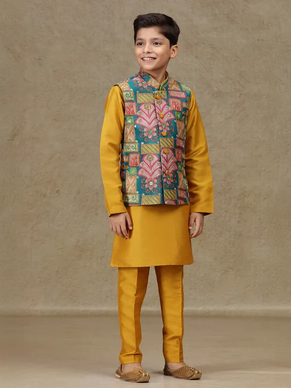 Yellow silk waistcoat set with print for boys