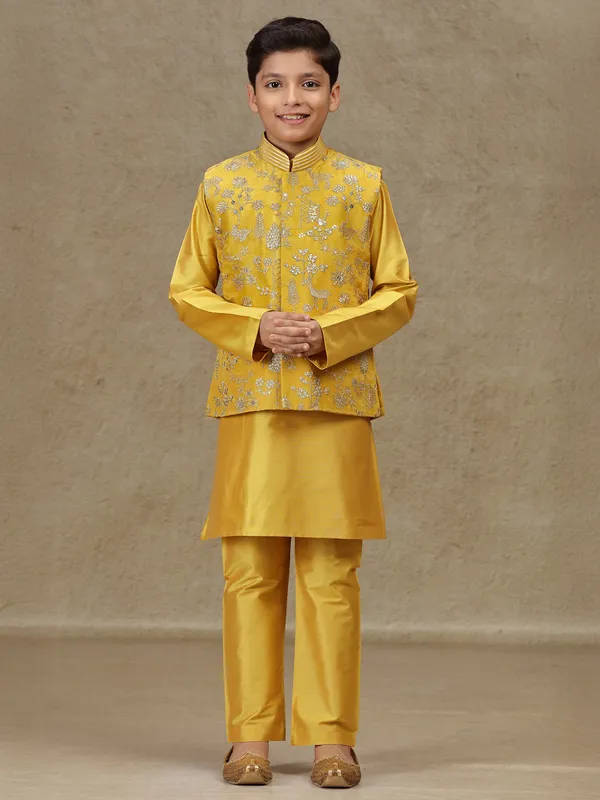 Yellow silk waistcoat set with resham work