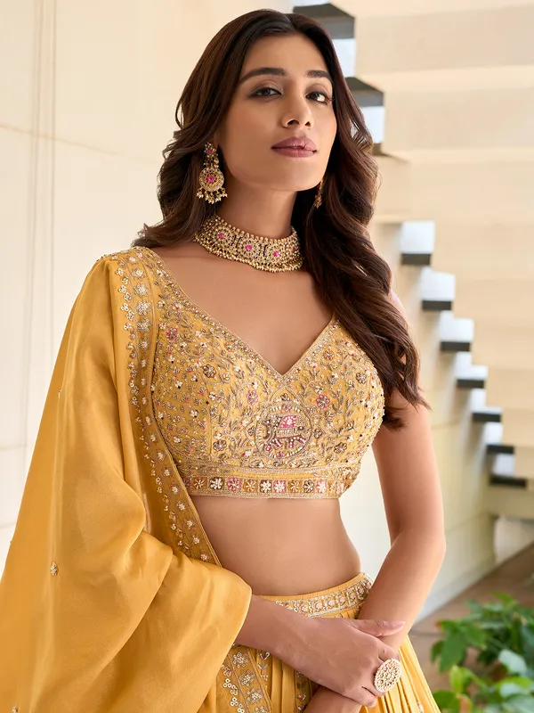Yellow silk wedding lehenga choli with dupatta