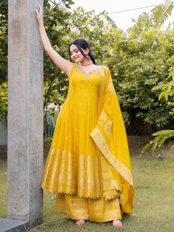 Yellow silk women palazzo suit for haldi