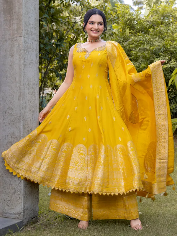 Yellow silk women palazzo suit for haldi