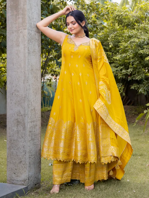 Yellow silk women palazzo suit for haldi