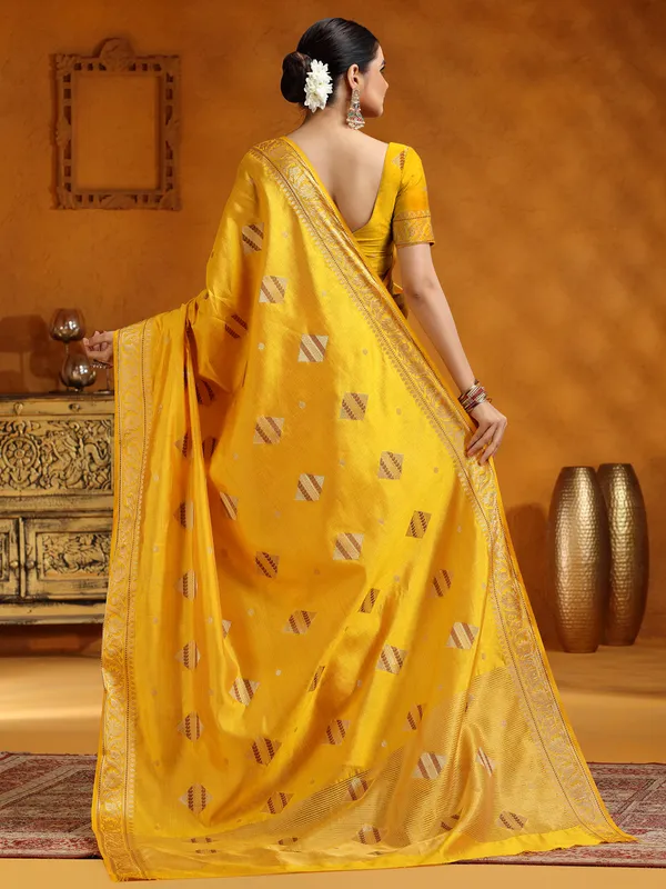 Yellow silk zari work saree