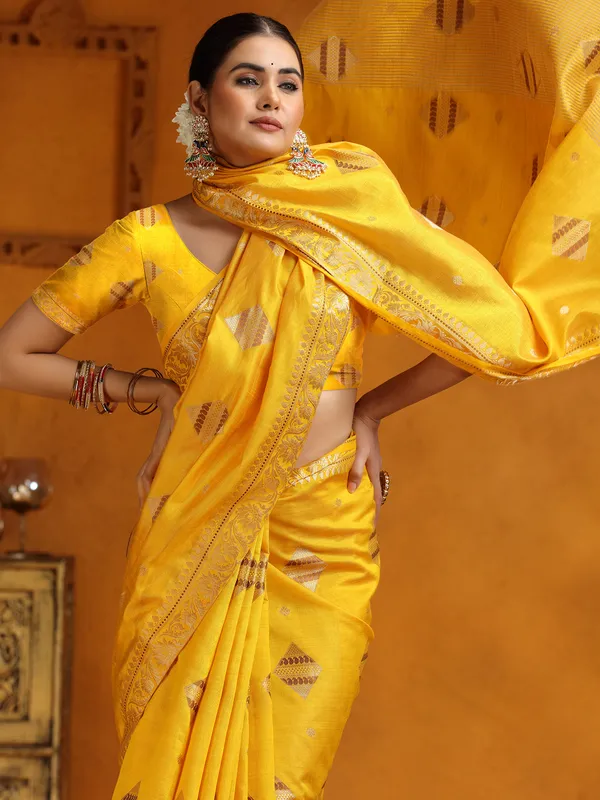 Yellow silk zari work saree