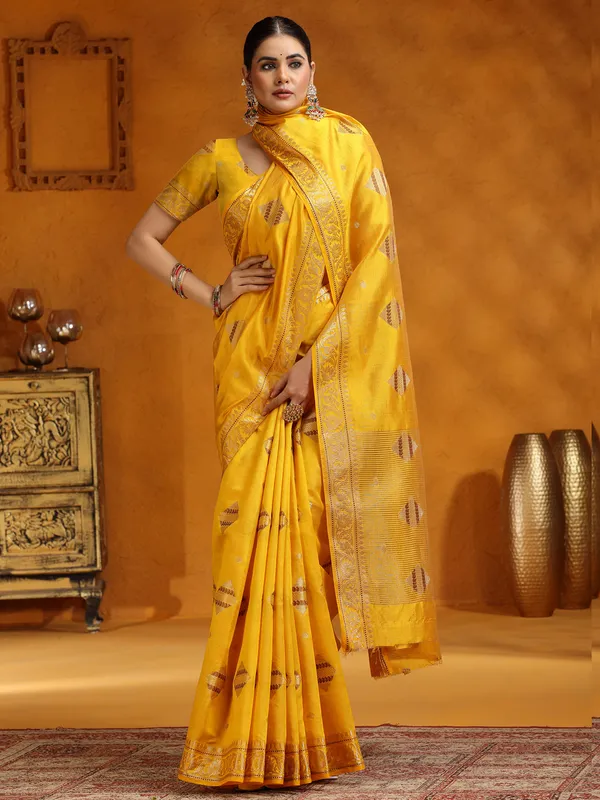 Yellow silk zari work saree