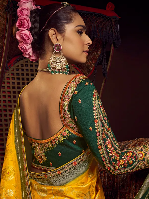 Yellow silk zari worked saree for wedding wear