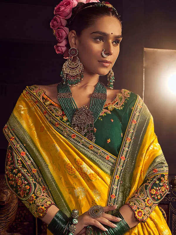 Yellow silk zari worked saree for wedding wear
