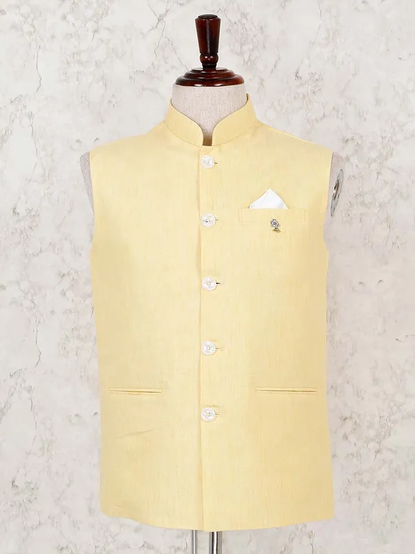 Yellow solid cotton linen sleeveless waistcoat