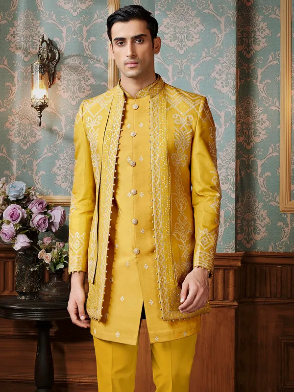 Yellow terry rayon Indowestern with minimal thread work