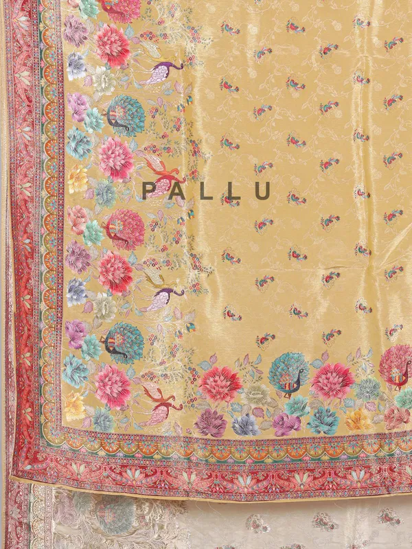 Yellow tissue silk saree with floral print and contrast border