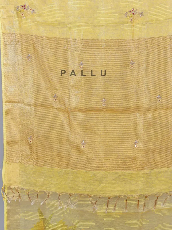 Yellow tissue silk saree with thread and sequins work