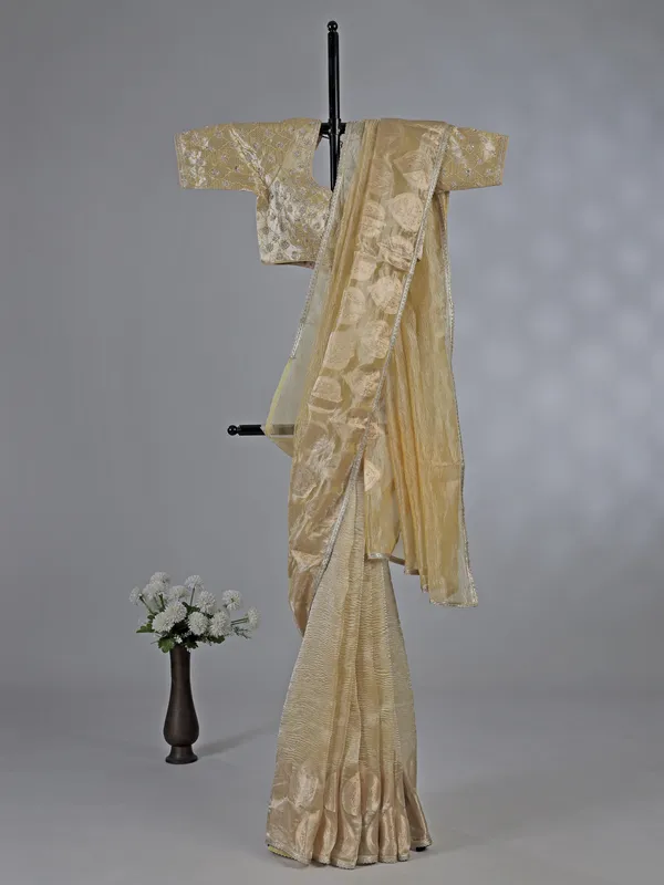 Yellow tissue silk saree with zardosi work