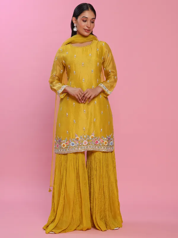 Yellow tissue silk sharara suit