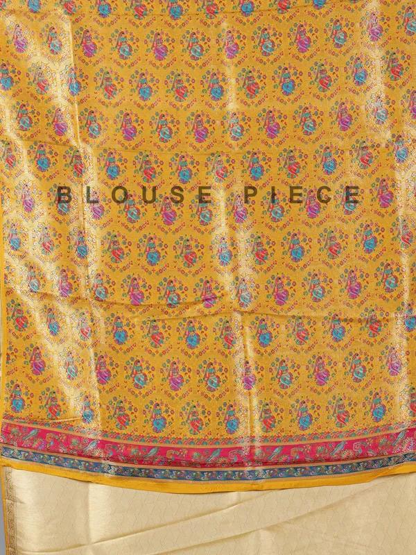 Yellow tissue silk wedding wear with colorful motif weaving