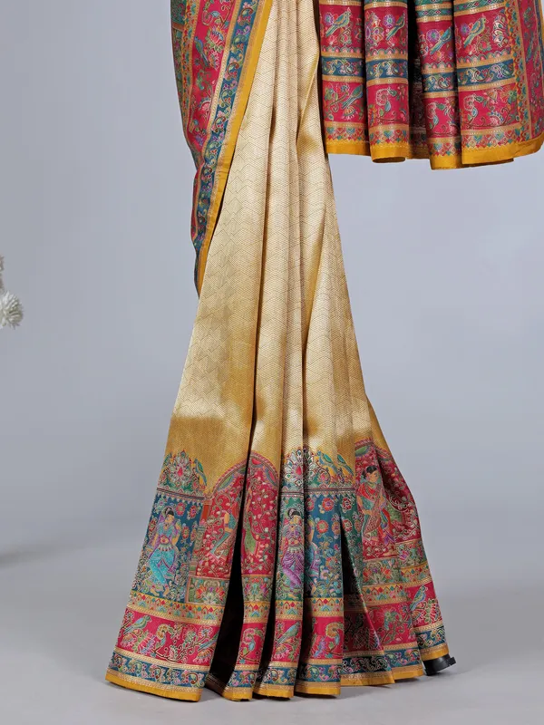 Yellow tissue silk wedding wear with colorful motif weaving