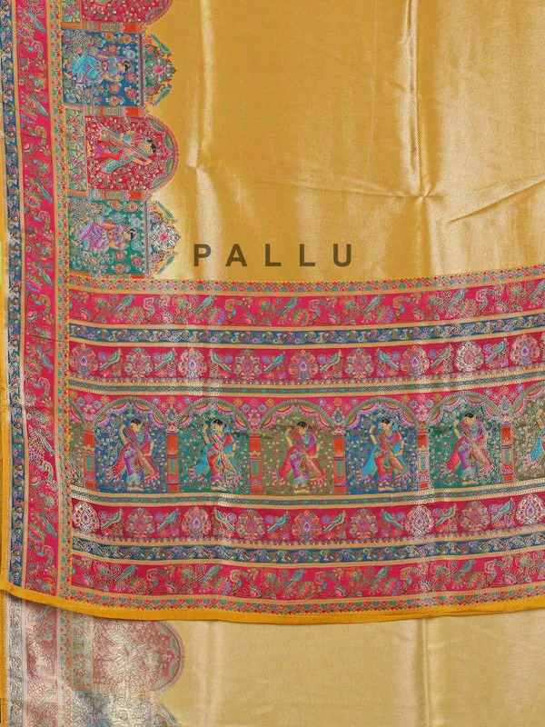 Yellow tissue silk wedding wear with colorful motif weaving