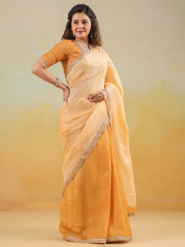 Yellow tusser silk saree with printed