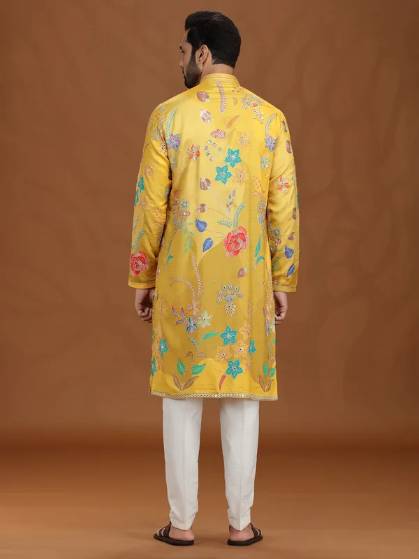 Yellow viscose embroidered kurta suit for haldi