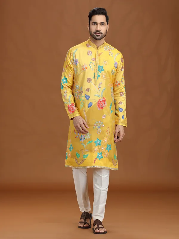 Yellow viscose embroidered kurta suit for haldi