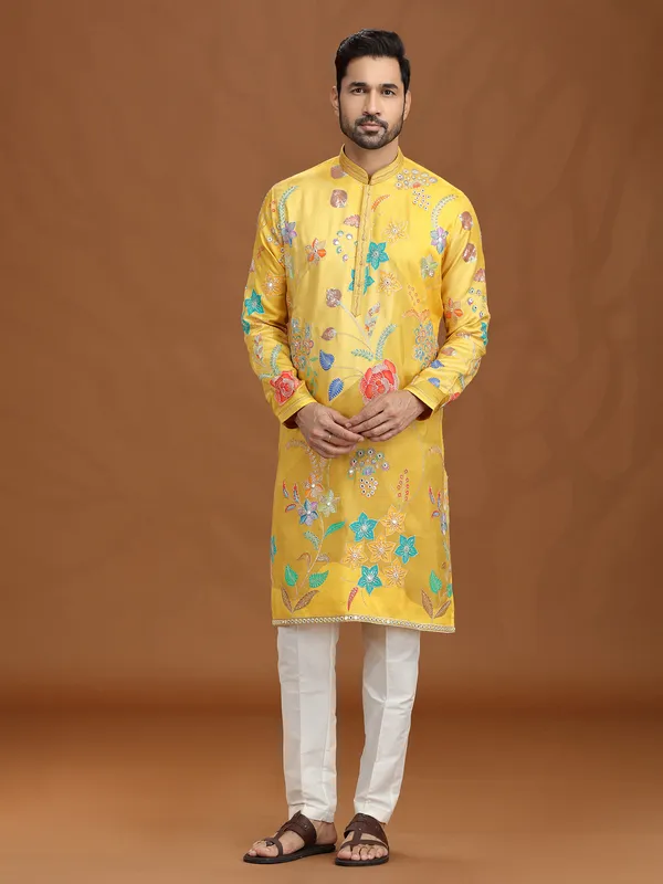 Yellow viscose embroidered kurta suit for haldi