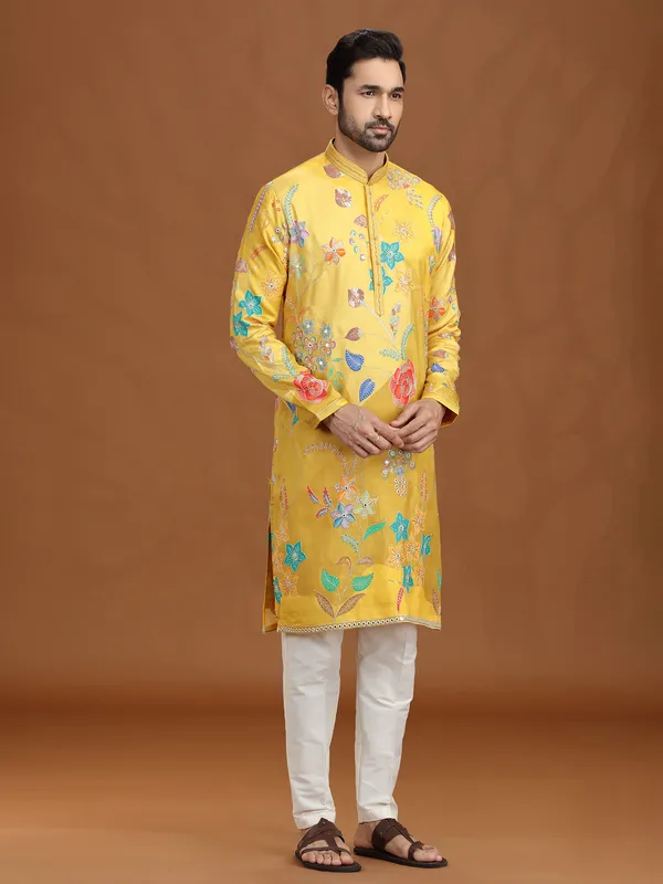 Yellow viscose embroidered kurta suit for haldi