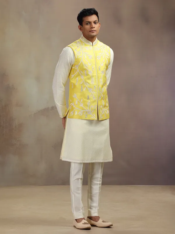 Yellow waistcoat set in banarasi silk