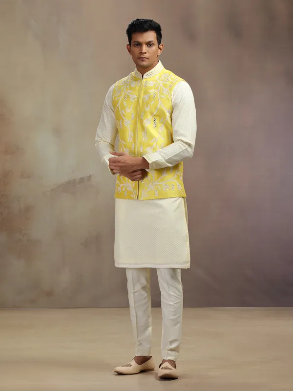 Yellow waistcoat set in banarasi silk