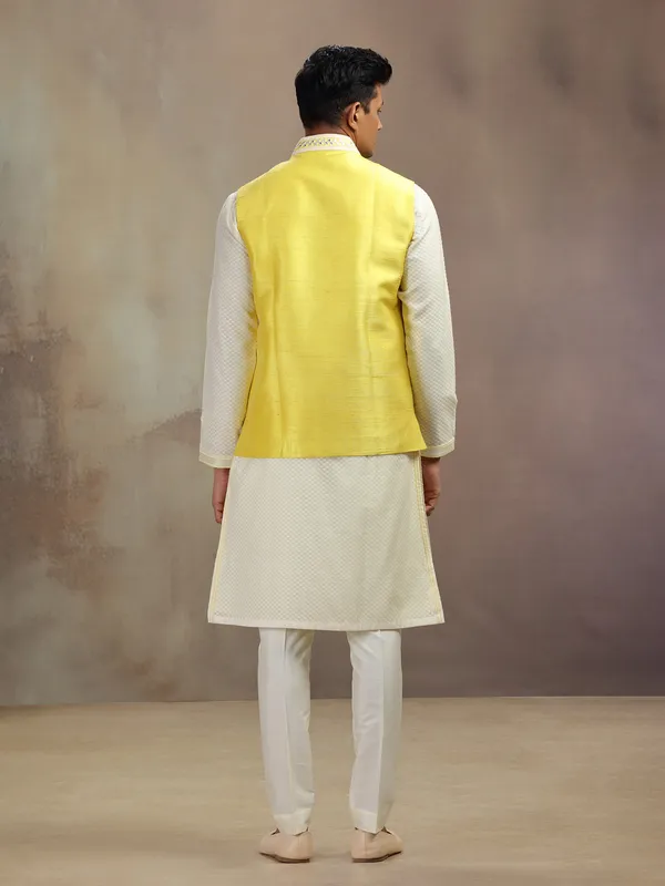 Yellow waistcoat set in banarasi silk