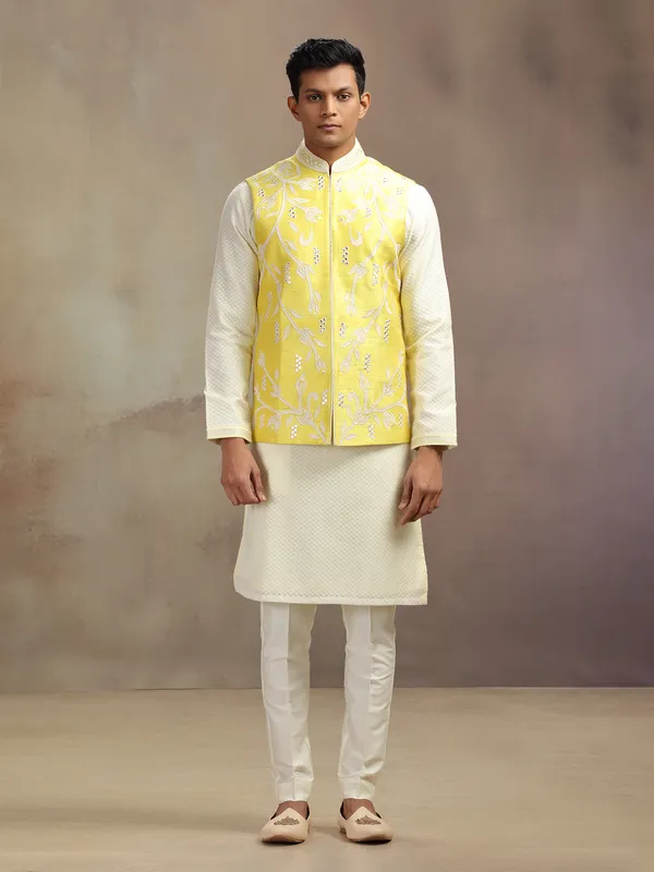 Yellow waistcoat set in banarasi silk