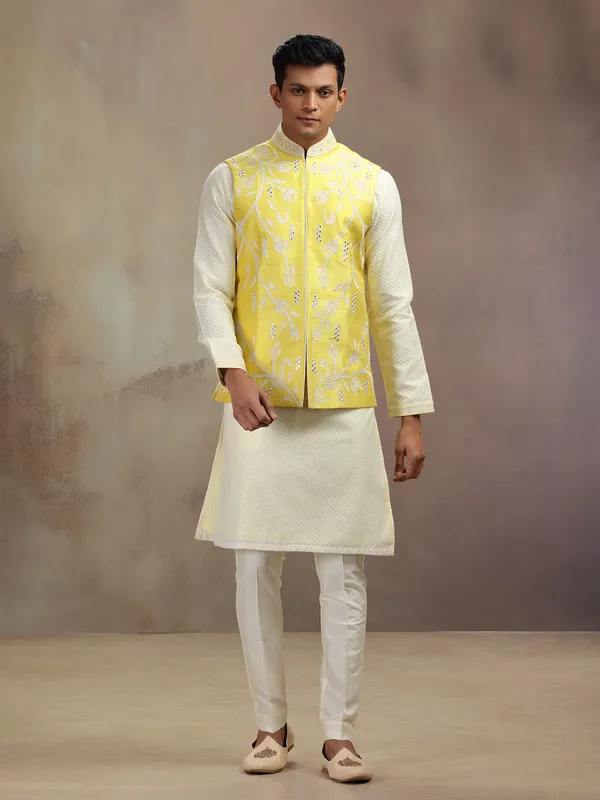 Yellow waistcoat set in banarasi silk