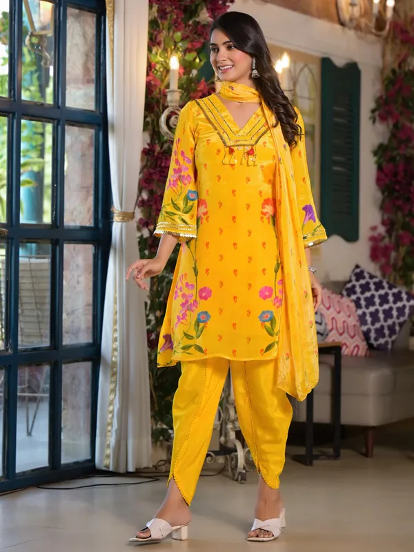 Yellow women printed silk kurti set