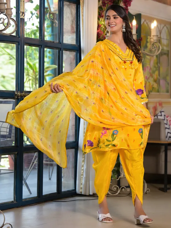 Yellow women printed silk kurti set