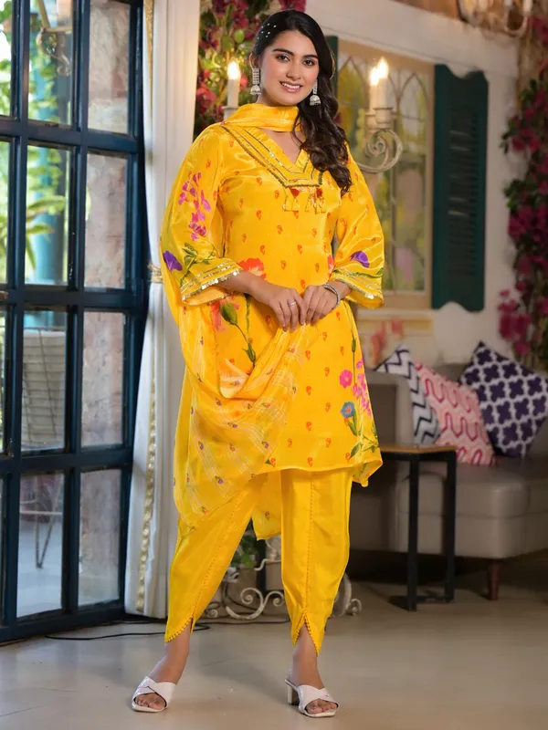 Yellow women printed silk kurti set