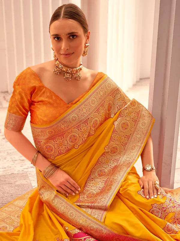 Yellow woven silk saree for haldi