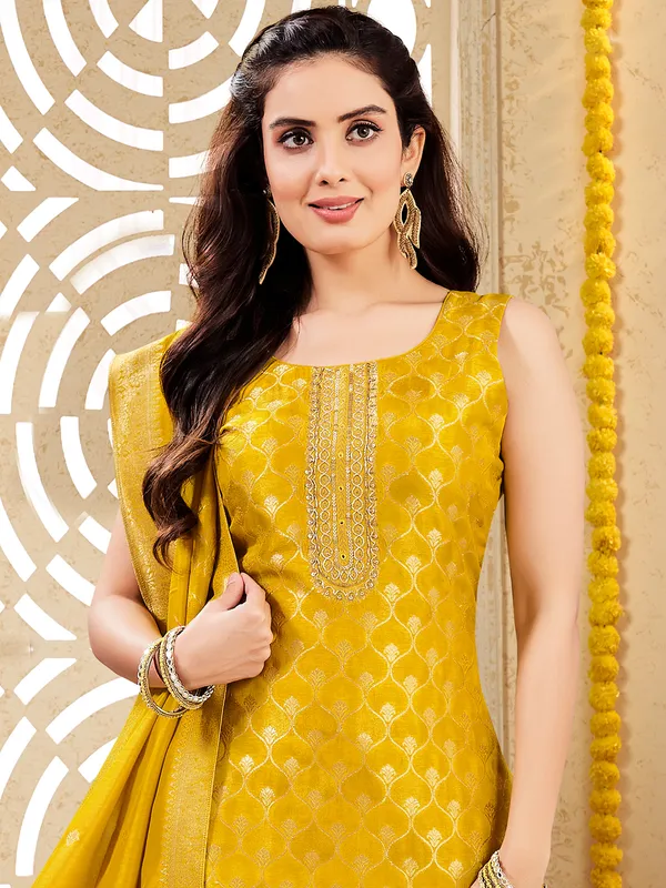 Yellow zari embellished silk salwar suit