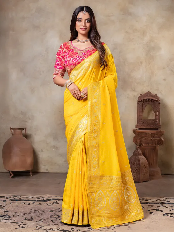Yellow zari weaving dola silk saree