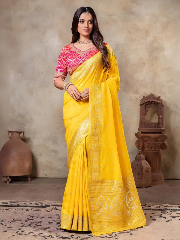 Yellow zari weaving dola silk saree