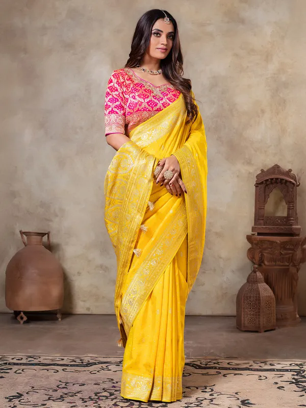 Yellow zari weaving dola silk saree