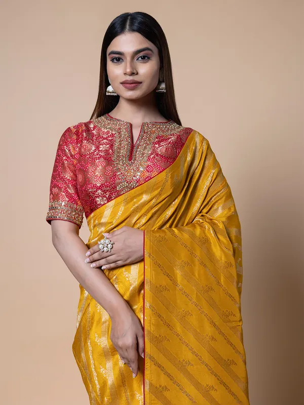 Yellow zari weaving saree in silk