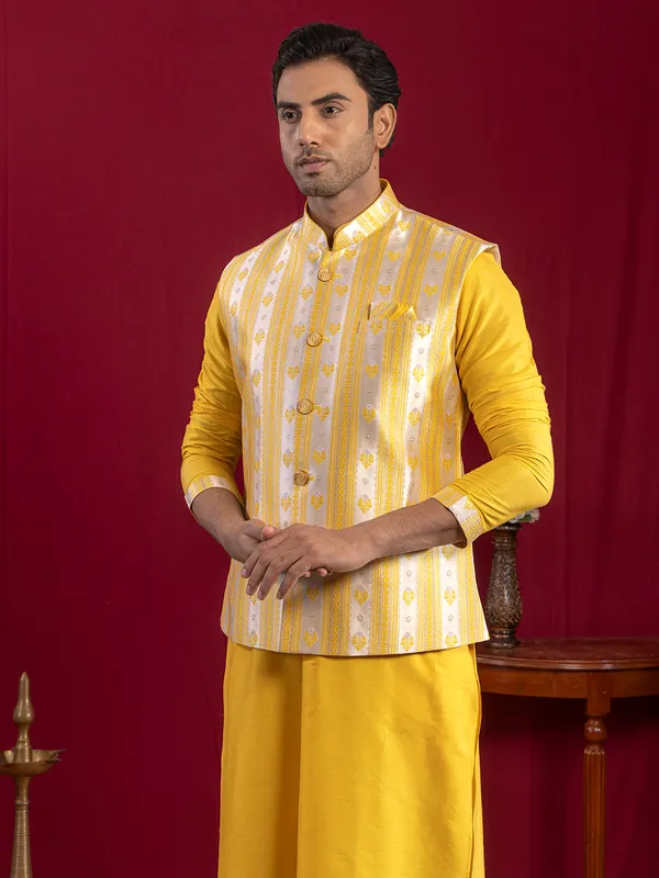 Yellow zari worked cotton silk waistcoat set