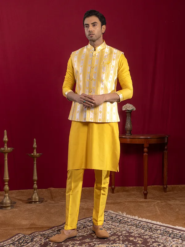 Yellow zari worked cotton silk waistcoat set