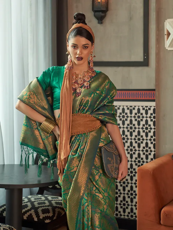 Zari weaving green saree in silk