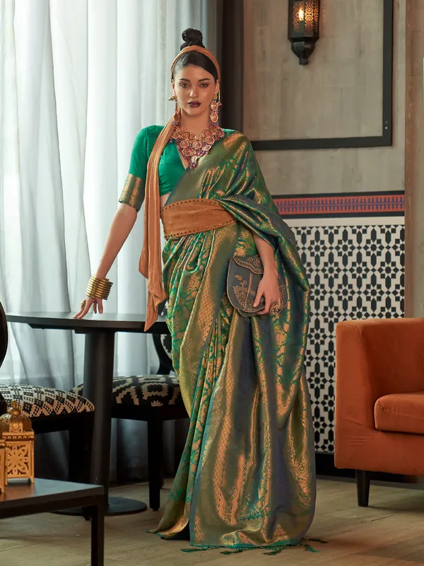 Zari weaving green saree in silk
